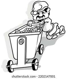 Drawing of a Dwarf Miner Pushing a Mine Cart - Cartoon Illustration Isolated on White Background, Vector