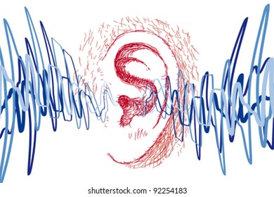 Drawing of ear and sound waves, vector illustration.