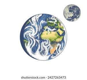 A Drawing Of The Earth And The Moon On A White Background. Astronomical galaxy space. Engraved hand drawn planet in old sketch, vintage style for label.