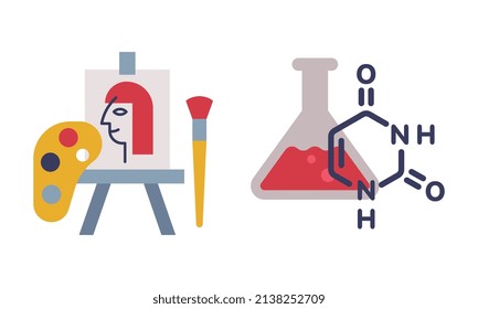 Easal de dibujo y frasco con material químico como conjunto de vectores de objetos de educación escolar