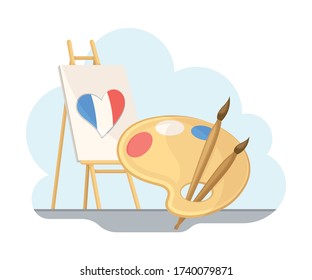 Drawing Easel with France Flag Colored Heart and Palette Vector Set