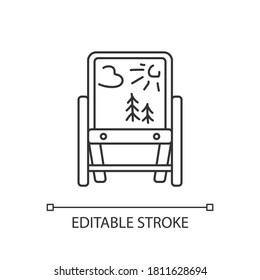 Drawing easel pixel perfect linear icon. Folding tripod stand with picture. Thin line customizable illustration. Contour symbol. Vector isolated outline drawing. Editable stroke