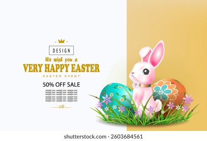 Drawing with Easter eggs and pink beautiful rabbit, design element