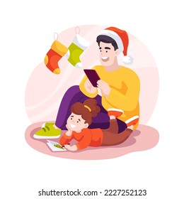 Zeichnen von E-Karten einzeln Cartoon Vektorgrafik. Lächelnder Vater und kleine Tochter, die E-Karten auf Tablet zusammen zeichnen, machen Weihnachtskunst, Weihnachtszeit mit familiären Vektorgrafik.