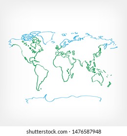 Drawing ecology world map on white background. Drawn green and blue color earth land continent. Ecological planet pollution