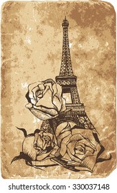 Drawing of Eiffel Tower with roses on old paper background. Vintage card