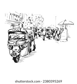 Drawing of Electric Auto Rickshaw on road at market in Delhi India