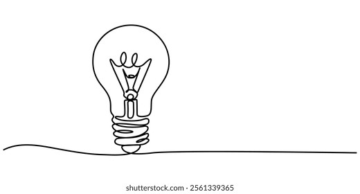 Drawing of an electric light bulb with continuous line, Continuous one line drawing  light bulb concept, Light bulb continuous line vector illustration with editable stroke. Single line art of light. 