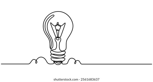 Drawing of an electric light bulb with continuous line, Continuous one line drawing  light bulb concept, Light bulb continuous line vector illustration with editable stroke. Single line art of light. 