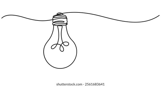 Drawing of an electric light bulb with continuous line, Continuous one line drawing  light bulb concept, Light bulb continuous line vector illustration with editable stroke. Single line art of light. 