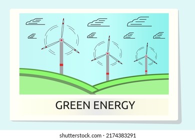 Drawing of electric wind turbines in an old photo frame. The concept of replaceable energy.