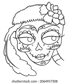 Drawing of elegant Catrina with furry bandana, flower, feather and traditional Mexican decorations on its face, for Mexican Day of the Dead celebration.