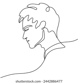Dibujo de un hombre elegante, retrato de perfil. Un hombre afligido está triste. Dibujo de una línea.