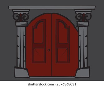 Drawing of an elegant wooden double door with stone columns and lintel on a dark background, creating a sophisticated and classic architectural design