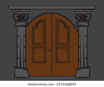 Drawing of an elegant wooden double door with stone columns and lintel on a dark background, creating a sophisticated and classic architectural design