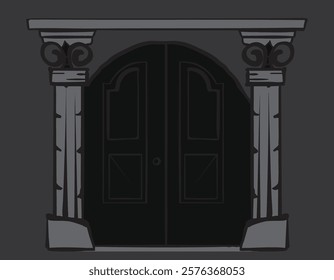 Drawing of an elegant wooden double door with stone columns and lintel on a dark background, creating a sophisticated and classic architectural design