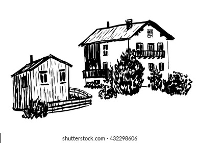 drawing elements set of isolates two wooden Alpine huts, the house and barn sketch hand-drawn vector illustration