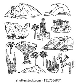 Drawing elements of Tenerife landmarks, plants and places. Hand drawn sketch of volcano Teide, Santa Cruz, dragon tree, los gigantes, puerto de la Cruz, Masca and other.