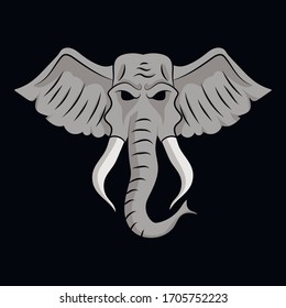 Drawing of an elephant head on a black background, vector illustration
