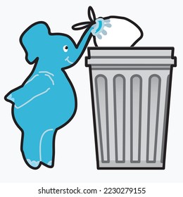 drawing of an elephant throwing a bag into a bin