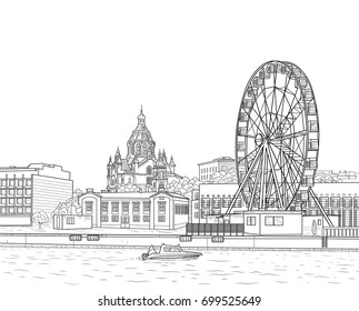 Drawing Of The Embankment Of The Finnish City Of Helsinki With A Ferris Wheel And A Cathedral