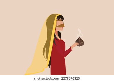 Drawing of Emirates woman with traditional dress and (Burqa) that wear in face handing the Arabian Oud