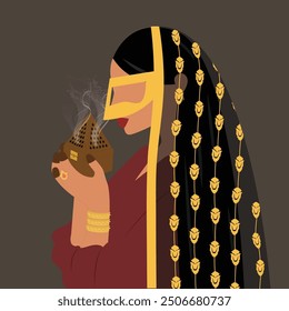 Drawing of Emirates woman with traditional dress, accessories and (Burqa) that wear in face handing the Arabian Oud