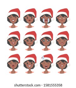 Drawing emotional african american character with Christmas hat. Cartoon style emotion icon. Flat illustration girl avatar with different facial expressions. Hand drawn vector emoticon women faces