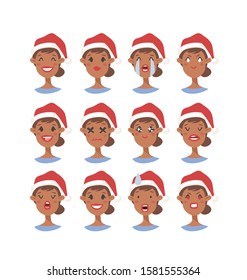 Drawing emotional african american character with Christmas hat. Cartoon style emotion icon. Flat illustration girl avatar with different facial expressions. Hand drawn vector emoticon women faces