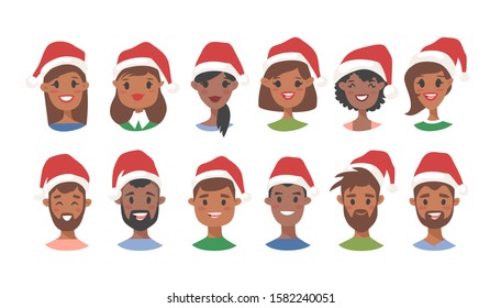 Drawing emotional african american character with Christmas hat. Cartoon style emotion icon. Holiday Flat illustration girl and boy avatar. Hand drawn vector emoticon women and man faces