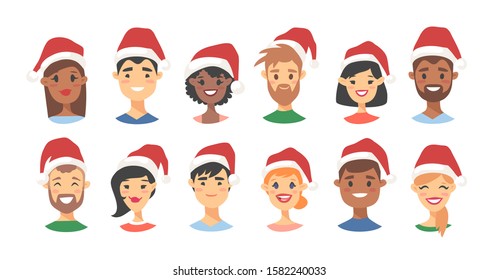 Drawing emotional character with Christmas hat. Cartoon style emotion icon. Holiday Flat illustration girl and boy avatar. Hand drawn vector emoticon women and man faces
