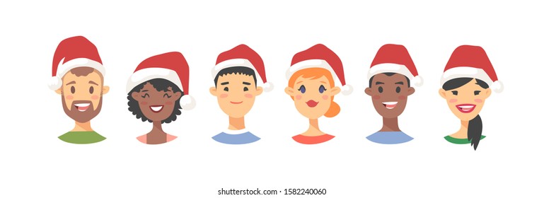 Drawing emotional character with Christmas hat. Cartoon style emotion icon. Holiday Flat illustration girl and boy avatar. Hand drawn vector emoticon women and man faces