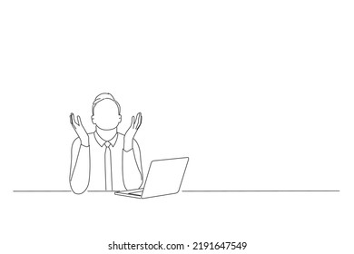 Drawing of emotional scared young manager sitting in office and screaming and crying cause made big mistake. Oneline art drawing style
