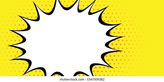 Drawing empty blank comic strips sign. Cartoon speech bubble cloud for slogan quote or text In pop art retro  80 70 year style Funny vector clipart sketch. Yellow background banner and polka dots icon
