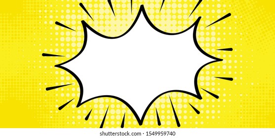 Drawing empty blank comic strips sign. Cartoon speech bubble cloud for slogan quote or text In pop art retro  80 70 year style Funny vector clipart sketch. Yellow background banner and polka dots icon
