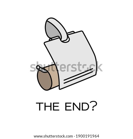 Drawing of an empty roll of toilet paper hanging on a holder on an isolated white background. Caption: End?