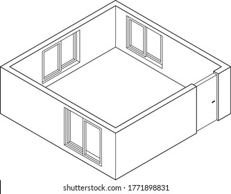 A drawing of an empty room seen from a high angle. A closed room with closed doors and windows.Black and white illustration.