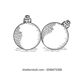 Drawing, engraving, ink, line art, vector illustration christmas balls decoration in silhouette on a white background.