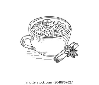 Drawing, engraving, ink, line art, vector illustration christmas hot drink with marshmallows and cinnamon sketch in silhouette on a white background.