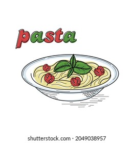 Drawing, engraving, ink, line art, vector illustration delicious pasta italian food concept sketch in silhouette on a white background.