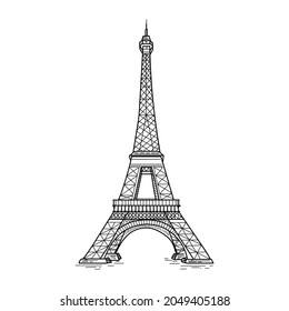 Drawing, engraving, ink, line art, vector illustration eiffel tower sketch in silhouette on a white background.