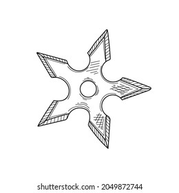 Drawing, engraving, ink, line art, vector illustration ninja star shuriken sketch in silhouette on a white background.