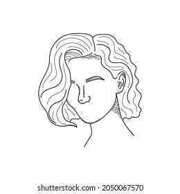 Drawing, engraving, ink, line art, vector illustration beautiful woman girl with short hair beauty sketch in silhouette on a white background.