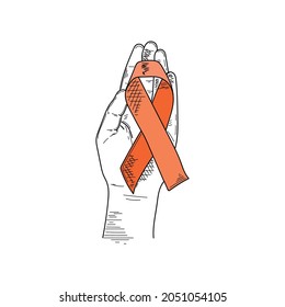 Drawing, engraving, ink, line art, vector illustration hand holds orange ribbon concept sketch in silhouette on a white background.