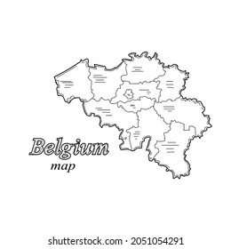 Drawing, engraving, ink, line art, vector illustration Belgium high detailed map sketch in silhouette on a white background.