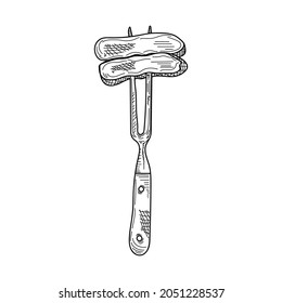 Dibujo, grabado, tinta, líneas de arte, ilustración vectorial de filetes de ternera fritos a la parrilla con un boceto de horquilla en silueta sobre fondo blanco.