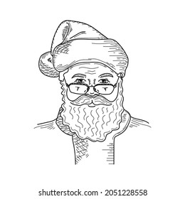 Drawing, engraving, ink, line art, vector illustration santa claus face christmas concept sketch in silhouette on a white background.