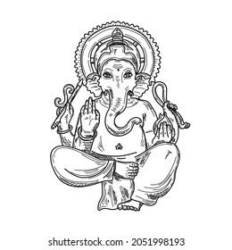 Dibujo, grabado, tinta, línea de arte, ilustración vectorial sentada Ganesha, religión, esbozo de concepto de oración en silueta sobre fondo blanco.