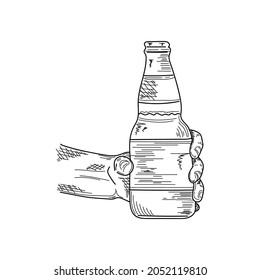Drawing, engraving, ink, line art, vector illustration hands holding bottle with beer oktoberfest concept sketch in silhouette on a white background.