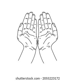 Drawing, engraving, ink, line art, linear, vector illustration prayer hands open up to sky icon sketch in silhouette on a white background.